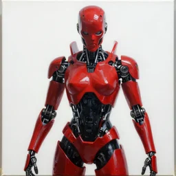 cyberpunk human robot, scary, menacing, red and black and white, varnished painting, visible canvas, highly reflective, realistic reflections, realistic lighting, glossy, realistic