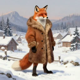 an anthropomorphic fox man wearing a long fur coat in a snowy village, character illustration by greg rutkowski, thomas kinkade, alphonse mucha, Franz Xaver Winterhalter