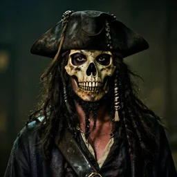 70mm photo of a dirty rugged old pirate lord wearing dirty old black hat, black coat and a wearing worn and stained skull bone mask, long black beard and long black hair, dark scene with dim light, movie scene, depth of field