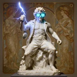 a detailed full bodied marble sculpture of jensen ackles holding a bolt of lightning and a grenade launcher, wearing glowing neon shuttered 1 9 8 0 s glasses!!!!, vaporwave style masterpiece, 8 k, art by greg rutkowski and albert bierstadt and arthur rackham and alphones mucha