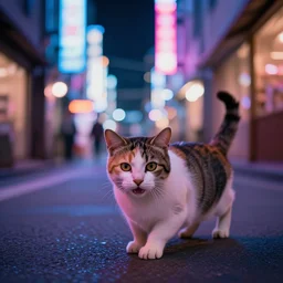 a cat waking in a neon light street, in japan, 4 k, high definition wallpaper