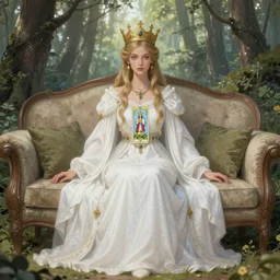 an highly detailed magical empress sitting by herself on a sofa in a forest wearing a white robe drawn by cloverworks studio, elegant, beauty, tarot card, Tarot card the empress