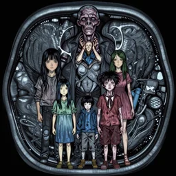 mri image of detailed image of a creepy family in the deep space by richard corben, rich deep colors. masterpiece. intricate artwork, very coherent symmetrical artwork, cinematic, hyper realism, high detail, octane render, unreal engine, 8 k, vibrant colors, smooth gradients, high contrast, depth of field. by katsuhiro otomo, full body character drawing, clean ink detailed line drawing, intricate detail, extremely detailed.