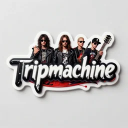 bumper sticker of a rockband, name is tripmachine, on the sticker is a 3 d render of a huge futuristic steampunk generator, 8 k, fluorescent colors, halluzinogenic, multicolored, exaggerated detailed, silk screen art