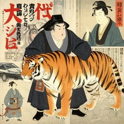 a delorean protecting a tiger, japanese magazine collage, art by hsiao - ron cheng and utagawa kunisada