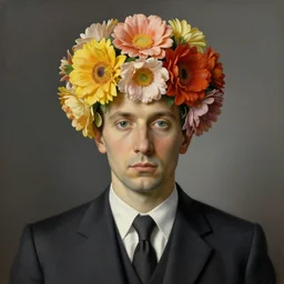 portrait of man in a suit that has flowers instead of head by rene magritte, detailed painting, hd, hq, high resolution, high detail, 4 k, 8 k