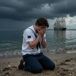 full body portrait of crying sad sailor on his knees on a beach, looking out onto the water with angst into the dark abys with looming dark clouds above reflecting onto the water, sailingship far in the background, by greg rutkowski, octane render, unreal engine, 8 k highly detailed, intricate details, cinematic lighting