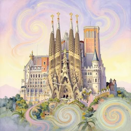 gaudi castle on a mountain, colorful swirly magic ripples, pastel colors, by greg manchess, huang guangjian, gil elvgren, sachin teng, greg rutkowski, jesper ejsing