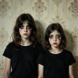 a beautiful and eerie baroque painting of two beautiful but creepy siblings wearing black t - shirts in layers of fear, with haunted eyes and dark hair, 1 9 7 0 s, seventies, wallpaper, a little blood, morning light showing injuries, delicate embellishments, painterly, offset printing technique, by brom, robert henri, walter popp