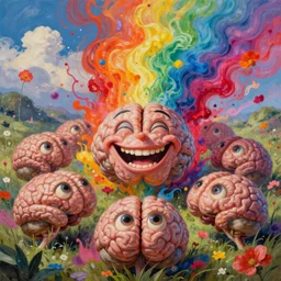 Haunting surreal hyperrealistic detailed landscape painting of a group of brains with human eyes and teeth with a big grinning smile, looking happy, vibrant feel, bursts of color, color ink explosion, beautiful spectrum of vibrancy, flowers falling from the sky, in the style of Stephen Gibb Art, hyper detailed, trending on Artstation