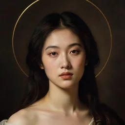 a portrait of a very beautiful goddess with halo behind her head,  looking in front, Asian beautiful aesthetic face, in the style of Caravaggio and Botticelli, realistic, dramatic lighting