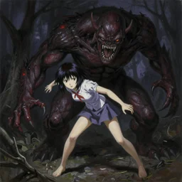 oil painting, yoji shinakawa, studio gainax, girl about to be attacked by monster, dark lighting, silent hill