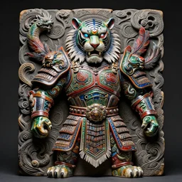 hyper ultra 4 k photo of a bizarre metal colorful armor warrior tiger green red blue black glowing eyes mask made of ceramic clay feather trim intricately spectacular magnificently story carved by a master engraver by h. r. giger