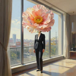 huge flower as head, woman in suit standing by tall windows, modernist luxury apartment, surreal photography, sunlight, impressionist painting, digital painting, artstation, simon stalenhag