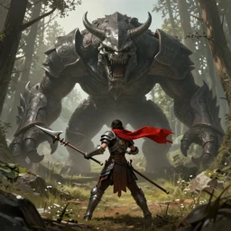 a matte painting of a female warrior wearing battle armor with a red scarf billowing behind her fighting a giant monster in the forest plains of north yorkshire, good value control, concept art, digital painting, sharp focus, fight sceneAnthem game, Javelin armor, dark souls, elden ring, battle angel, symmetrical, single character full body, 4k, illustration, rule of thirds, centered