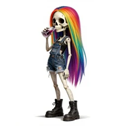 a grungy skull woman with rainbow hair, drunk, sally, eyes and narrow chin, dainty figure, long hair straight down, torn overalls, short shorts, combat boots, basic white background, side boob, symmetrical, single person, style of by jordan grimmer and greg rutkowski, crisp lines and color,