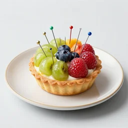 many colorful pins and needles sticking out of a colorful fruit tarte on a beautiful ceramic plate
