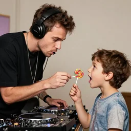 dj robin schulz stealing a lollypod from a young boy, photorealism, highly detailed