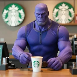 thanos working at starbucks, hyperdetailed