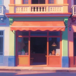 beautiful painting of a colorful cuban storefront, close up front view, animation, digital art, graphic shapes, trending in artstation, dawn lighting, art style by disney, pixar and sony pictures