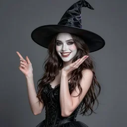 female beautiful Camila Mendes, as a pretty witch, fun smile, pale face, symmetrical face, slender, realistic character concept, medium shot, fun pose, illustration, artstation, cinematic lighting, hyperdetailed, cgsociety, 8k, high resolution, insanely detailed and intricate, beautiful