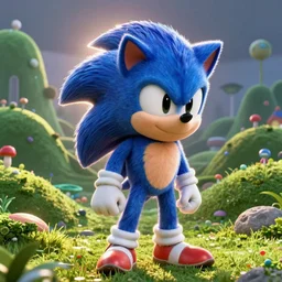 Sonic the Hedgehog in a Disney Pixar animated movie, Dreamworks, backlit rim light, fill light, blue fur, stylized, green hill zone made by Pixar, unreal engine