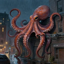 giant monster octopus crawling on a building on a street, city at night, rainy, detailed painting, 4 k, hd, realistic, digital painting, artstation, by, paul bonner, aarons slim