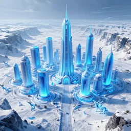 alien planet capital featuring enormous modern buildings, vast tron neon city district!!!, blue ice antelope canyon snowy winter backdrop, megalophobia, 4 k wallpaper, blender