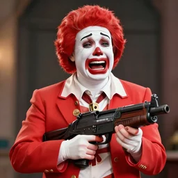 ronald mcdonald crying hysterical tears of laughter in your face holding a minigun