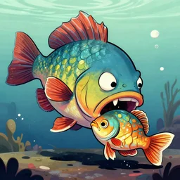 an ugly fish eating an ugly fish, illustration, cartoon, ultra detailed, in the style of artgerm, trending on artstation