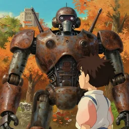 a close - up low angle, from below, face details worms - eye - view film still of a boy lookint to a big rusty dieselpunk robot sit in an autumn forest city, close up at the robot, trending on pixiv fanbox, painted by greg rutkowski makoto shinkai takashi takeuchi studio ghibli, aki