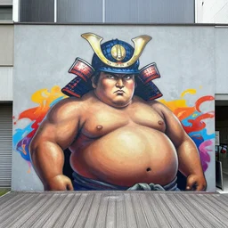 graffiti mural, portrait of an obese samurai, located on a boardwalk in tokyo japan, by frank frazetta, yoji shinkawa, james jean, banksy, beeple, stik, jeff koons, takashi murakami, gary baseman, jim lee, ryan ottley, quentin tarantino film, a 1 one, shepard fairey