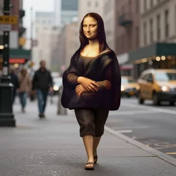3 d render of mona lisa the person, walking down the street of new york city