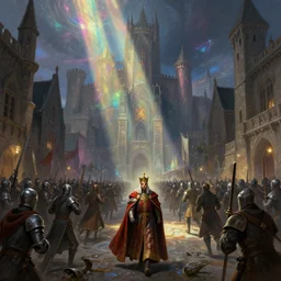 an intricate colorful matte painting of An epic stronghold crusader screenshot of bustling city street with protesting crowd chasing the king, highly detailed iridescent dimly lit exterior with shafts of iridescent light bouncing off magical realms, by Christophe Vacher and Bastien Lecouffe-Deharme, trending on artstation