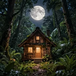 a tiny rustic wooden house with the light on, in the center of rainforest, full moon night, highly detailed, digital painting, trending on artstation, concept art, smooth, sharp focus, illustration, art by greg rutkowski