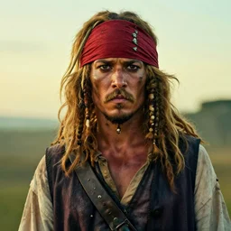 photo portrait of an rugged albino african pirate with a red headband | brown vest | young adult stong, small blonde mustache, afro blonde hair, stern face, rugged and dirty, cinematic lighting at sundawn outdoors, movie color grading