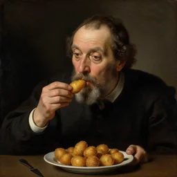 mi grandfather eating croquettes, renaissance oil painting, dark environment