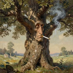 matt painting of an old tree that has facial expressions, smoking a cigarette smoke, in high detail, accurate, fantasy illustration, trending on artstation, frankfrazetta, arthur rackham, ron walotsky