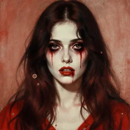 a beautiful but sinister and creepy woman in layers of fear, with haunted eyes, violence in her eyes, 1 9 7 0 s, seventies, delicate embellishments, a little blood, crimson, painterly, offset printing technique, by alexandre cabanel