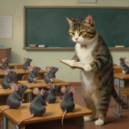 a cat teacher teaching a class of mice. mice sitting in school desks. surrealist painting, very detailed, 8 k, intricate, dramatic, cinematic