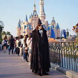 distant shot of nosferatu waiting in line at disneyland, 8 k photography