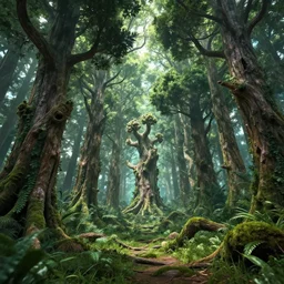 a mythical forest with unique trees in the style of One Piece