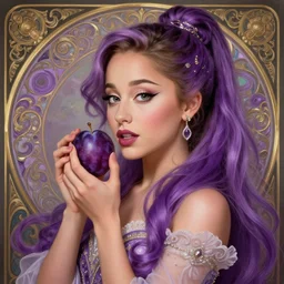 beautiful cottagecore Ariana Grande holding a purple plum, purple hair, intricate, elegant, highly detailed, digital painting, artstation, concept art, smooth, sharp, focus, illustration, art by artgerm and greg rutkowski and alphonse mucha