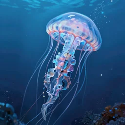 Panorama hyper detailed painting of a cyberpunk jellyfish, cables everywhere, blue tones, underwater, 8 mm, highly detailed, digital painting, artstation, concept art, smooth, sharp focus, illustration, art by artgerm and greg rutkowski and alphonse mucha