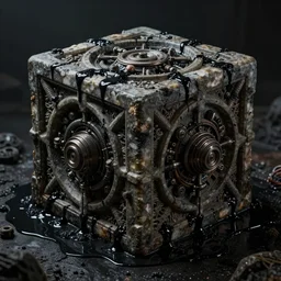 ornate stone cube drenched in black goop and machinery, lovecraftian, horror art, 4K, dark art, artstation, dramatic lighting,