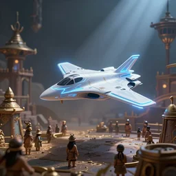 a lone bright neon futuristic super jet airplane on top of a tribe bronze age village, realistic, digital art, low depth of field, dramatic, lighting rays, cinematic, trending on artstation