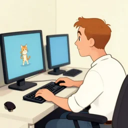 a man and an orange tabby playing pc games by richard scarry