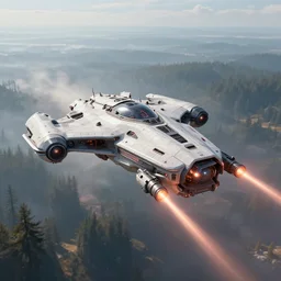 futuristic angular warship spaceship designed by apple with laser cannons flying above the tundra forest art by greg rutkowski and paul ozzimo, epic fantasy sci - fi volumetric light clear focus detailed unreal engine digital art trending on artstation deviantart octane render,