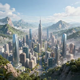 a view of a futuristic city on beautiful mountain landscape, hyper detailed