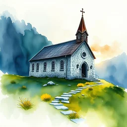 small centered on watercolor paper, paint brush strokes, abstract watercolor painting of traditional scandinavian stone church, rough rock, medieval chapel at dawn, cinematic light, national romanticism by hans dahl, by jesper ejsing, by anders zorn, by greg rutkowski, by greg manchess, by tyler edlin